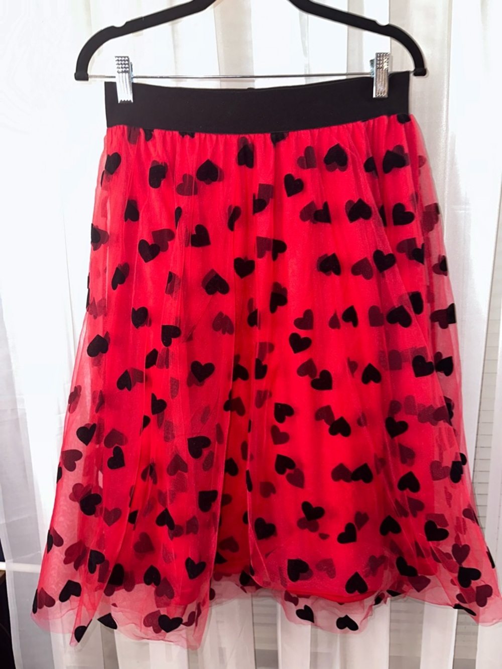 New York & Company Red Tulle Skirt with Black Heart Print